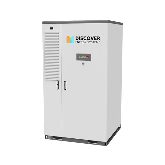White energy system cabinet with 'Discover Energy Systems' logo on a white background